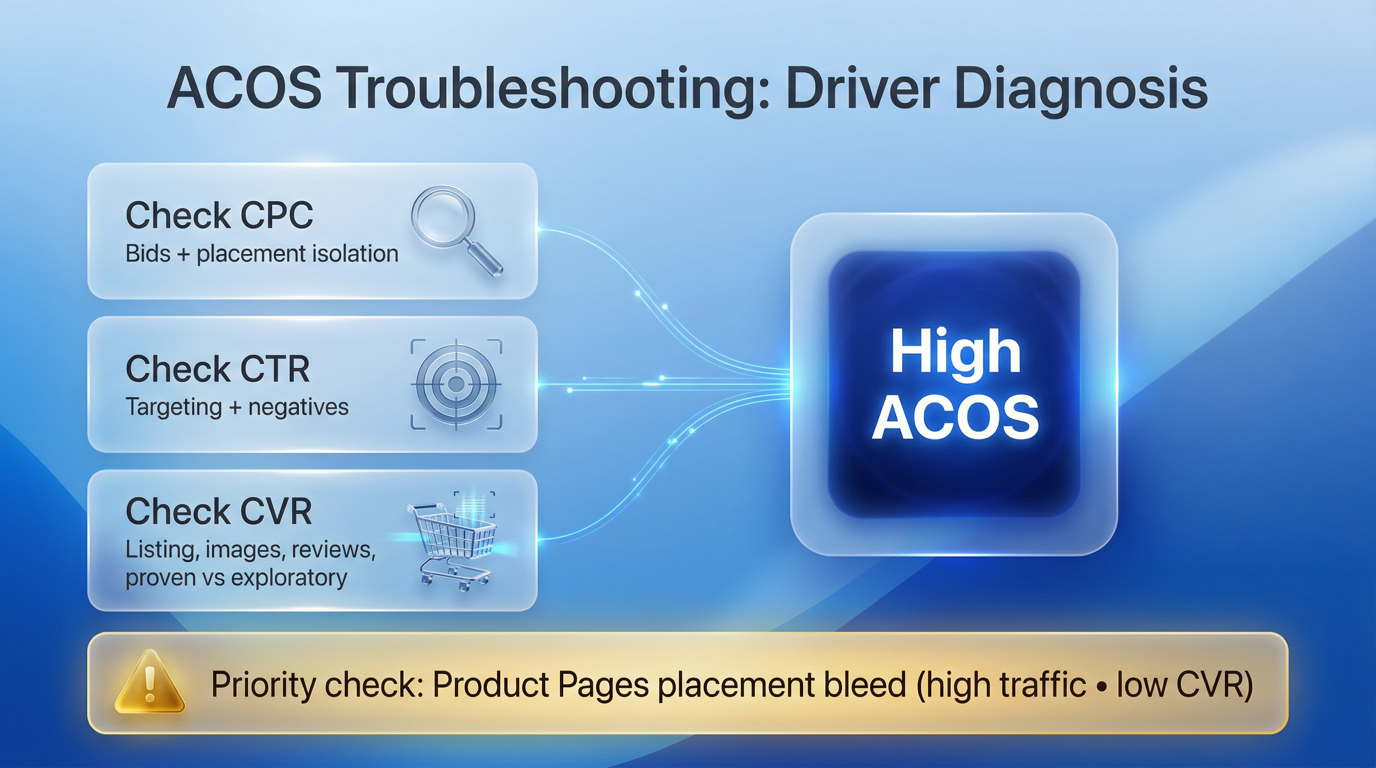ACOS troubleshooting flowchart mapping high ACOS to CPC CTR and CVR checks with a product pages placement warning
