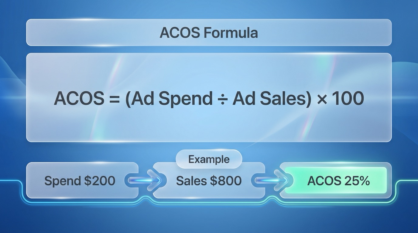 ACOS formula ad spend divided by ad sales multiplied by 100 with a simple example calculation