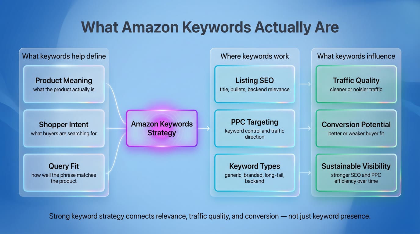 Diagram showing Amazon keywords as a system connecting product meaning, shopper intent, SEO relevance, PPC targeting, traffic quality, and conversion potential.