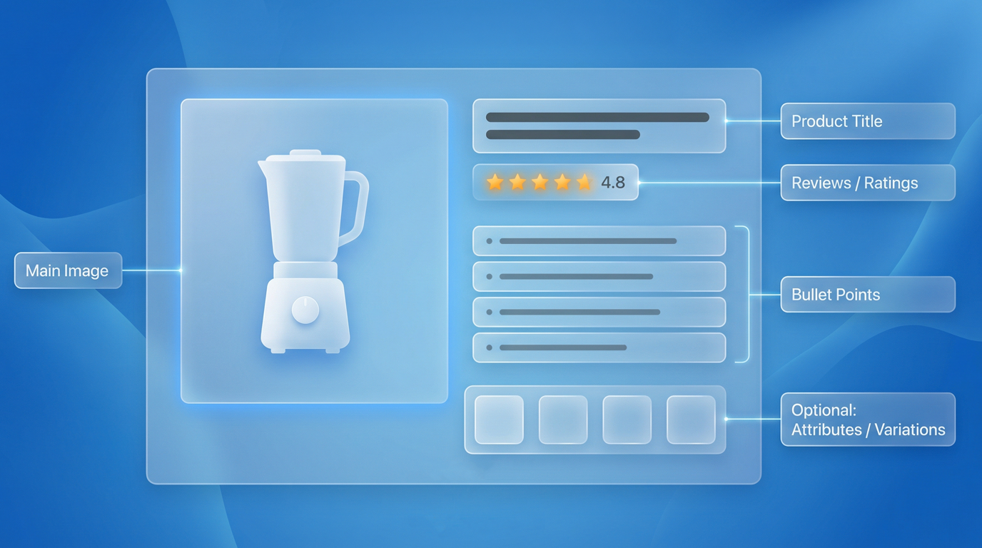 Diagram showing the main parts of an optimized Amazon product listing: title, main image, bullet points, description, reviews, and attributes.