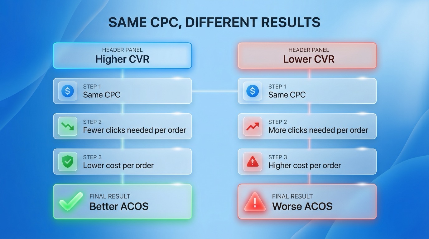Diagram showing that the same Amazon CPC can lead to very different advertising economics depending on conversion rate.