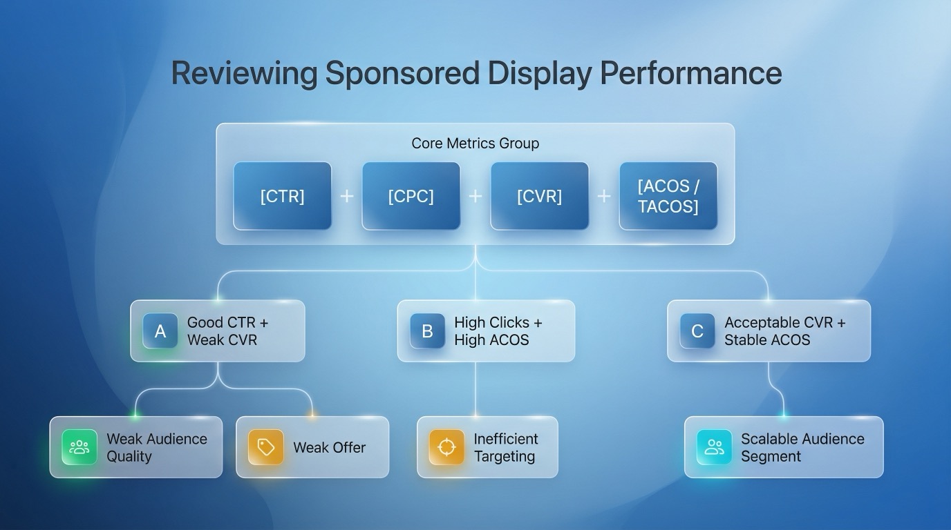 Decision tree for evaluating Sponsored Display performance using CTR, CPC, CVR, ACOS, and traffic quality signals