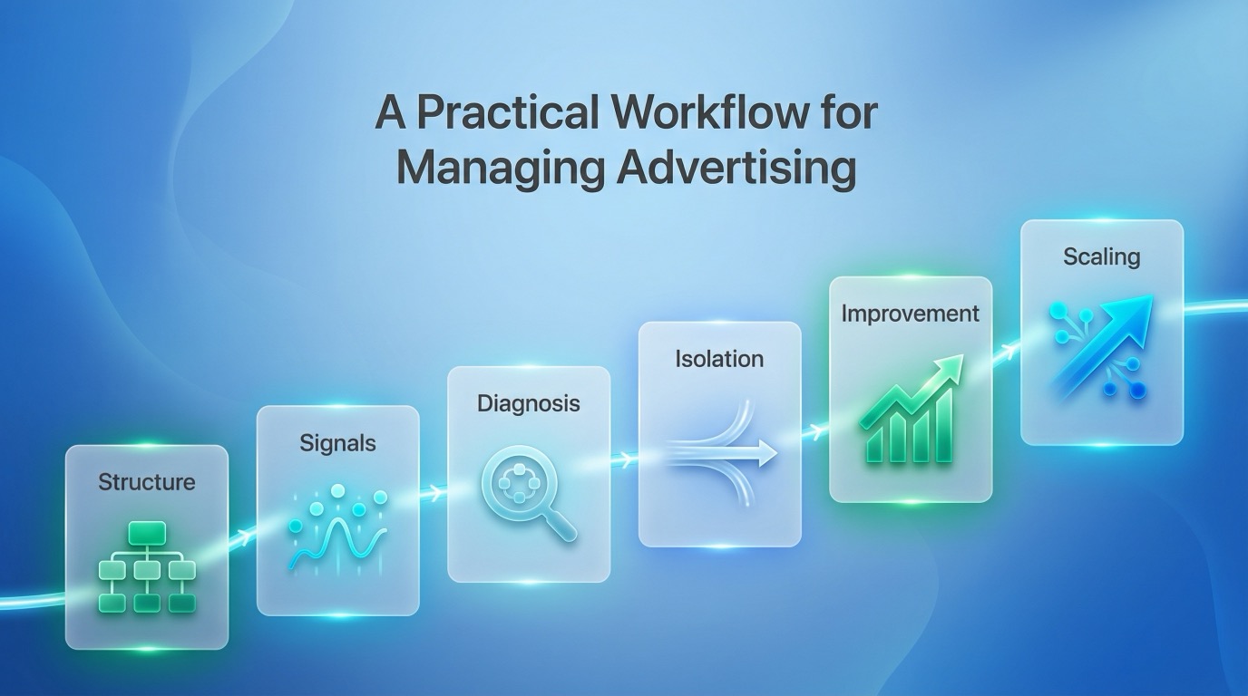 Step-by-step visual roadmap showing the Amazon advertising optimization workflow from structure and signal collection to diagnosis, isolation, improvement, and scaling