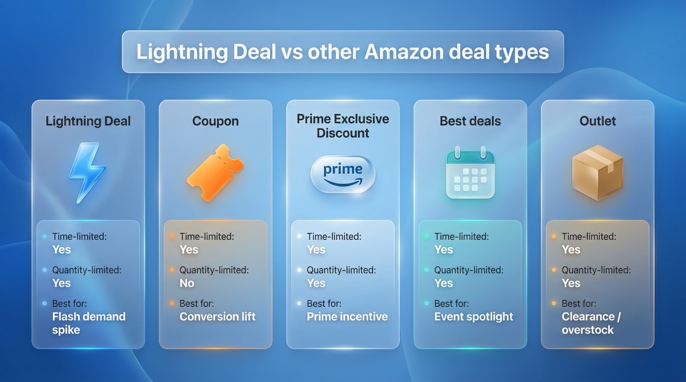 Comparison of Amazon promotions: Lightning Deals, Coupons, Prime discounts, Deal of the Day, and Outlet