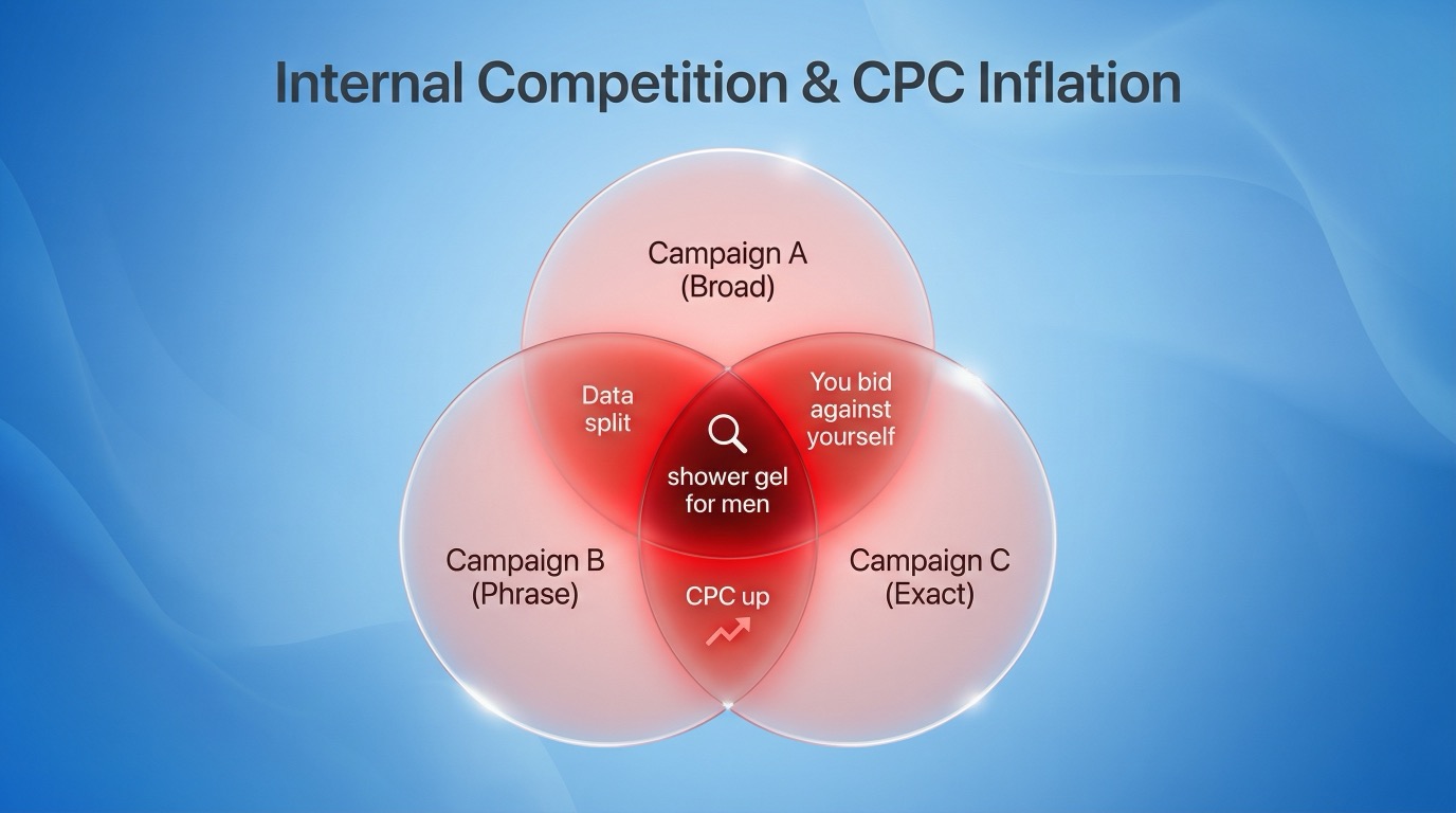 Diagram showing keyword overlap across Broad/Phrase/Exact campaigns causing traffic cannibalization, higher CPC, and split performance signals.