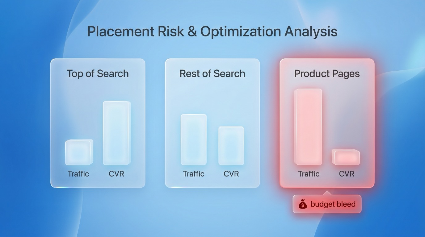 Product Pages placement shown as high traffic with low conversion, causing wasted spend.
