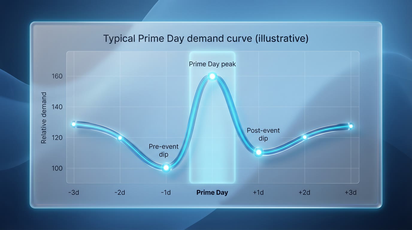 Chart showing a slight traffic dip before Prime Day, a sharp spike during the event, and a short post-event decline.
