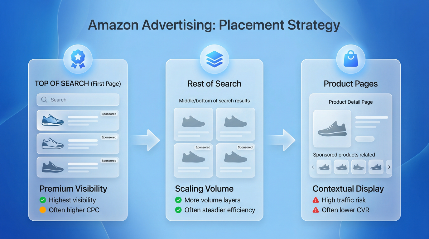 Diagram showing Sponsored Products placements across Top of Search (First page), Rest of Search, and Product Pages, explaining where each appears and why Product Pages often has higher traffic but lower conversion.
