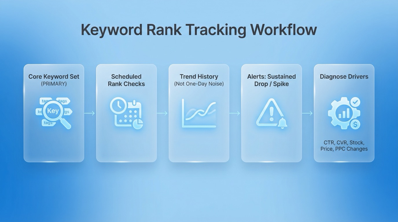 Workflow diagram for Amazon keyword rank tracking: choose keyword set, run scheduled checks, track trends, trigger alerts on drops, and diagnose changes using CTR, CVR, stock, and price signals.
