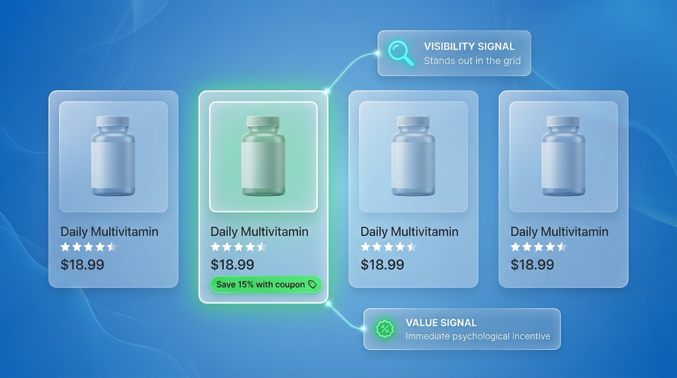 Mockup of Amazon search results showing how a coupon or promo badge makes one product listing stand out and signals extra value before the shopper clicks.