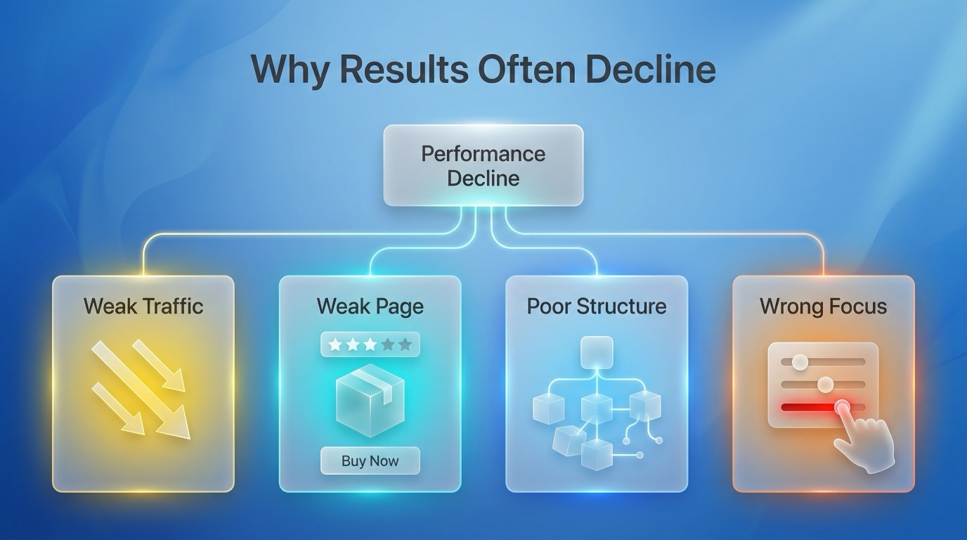 Diagnostic infographic showing the main causes of Amazon advertising performance decline: weak traffic quality, weak product page, poor structure, and wrong optimization focus