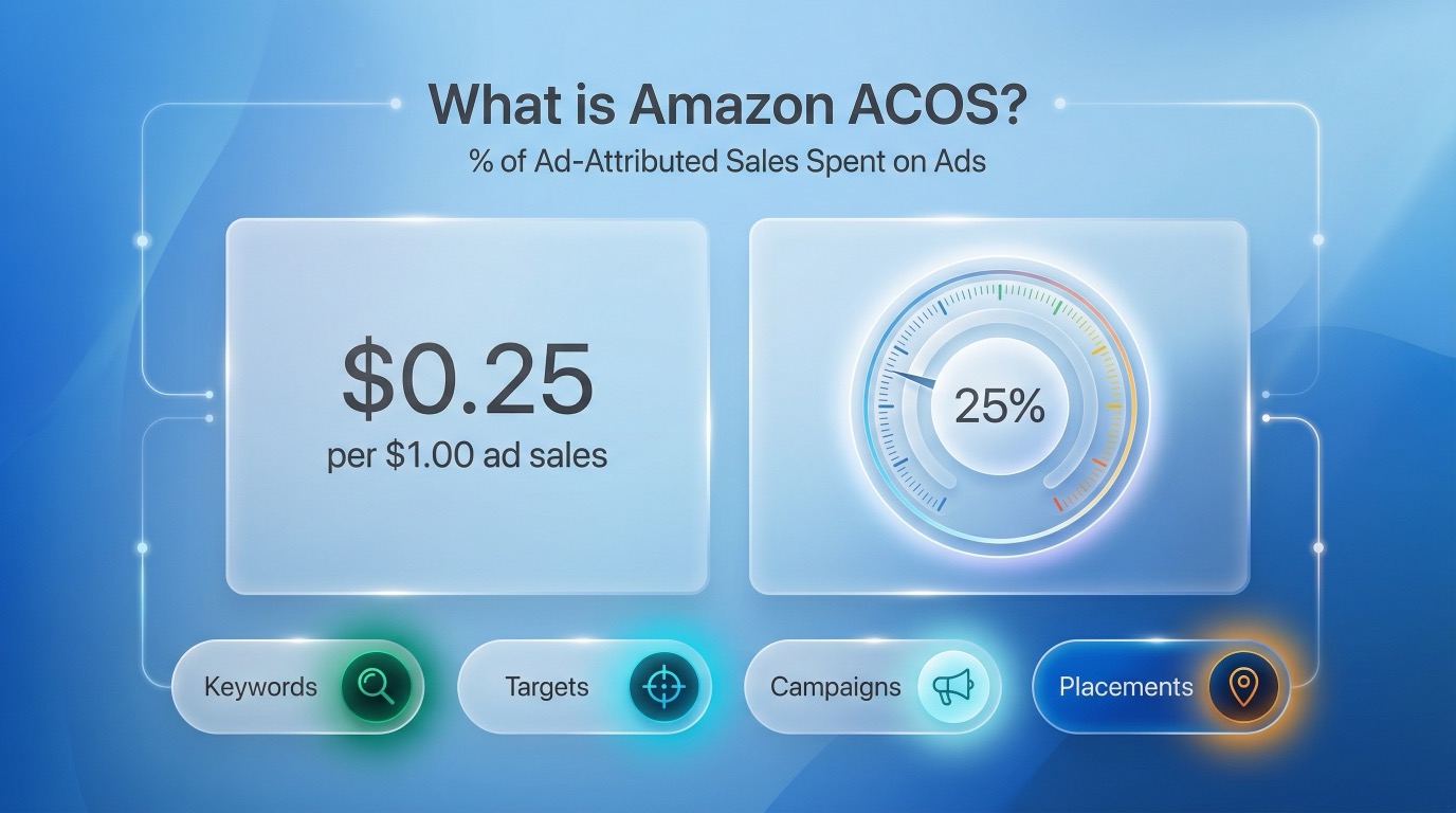 Amazon ACOS definition showing ad spend as a percentage of ad-attributed sales with a 25 percent example