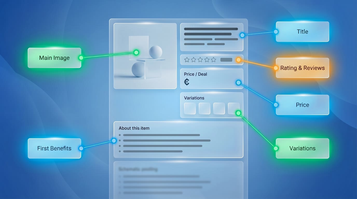 Diagram showing how a shopper reads an Amazon product page from the main image and title to price, reviews, bullets, and lower-page content