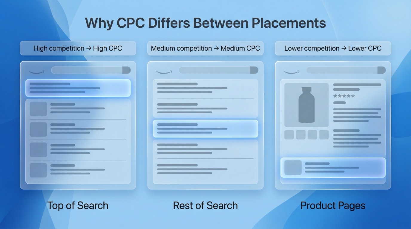 Diagram explaining how Amazon advertising CPC varies between Top of Search, Rest of Search and Product Pages placements.