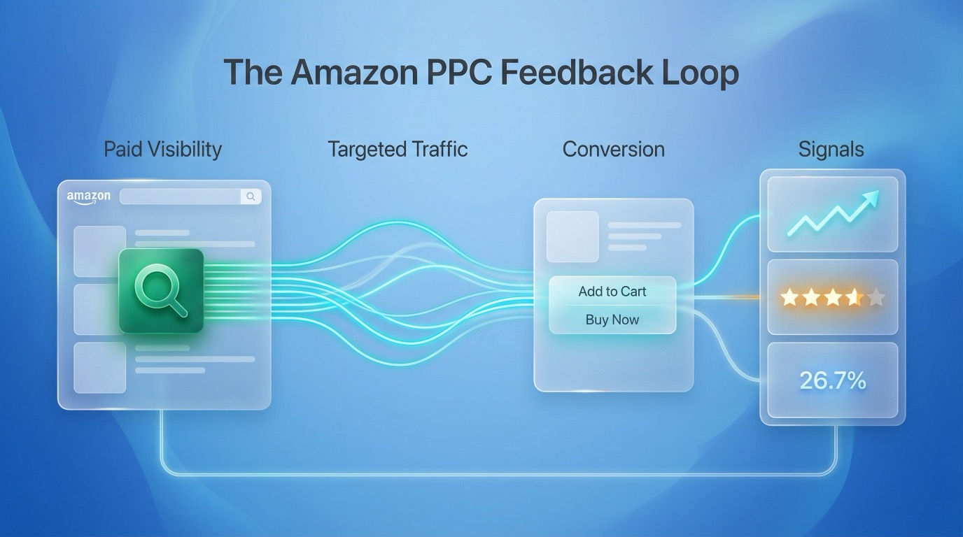 Diagram explaining Amazon PPC as a marketplace system of paid traffic, sales, and performance signals.