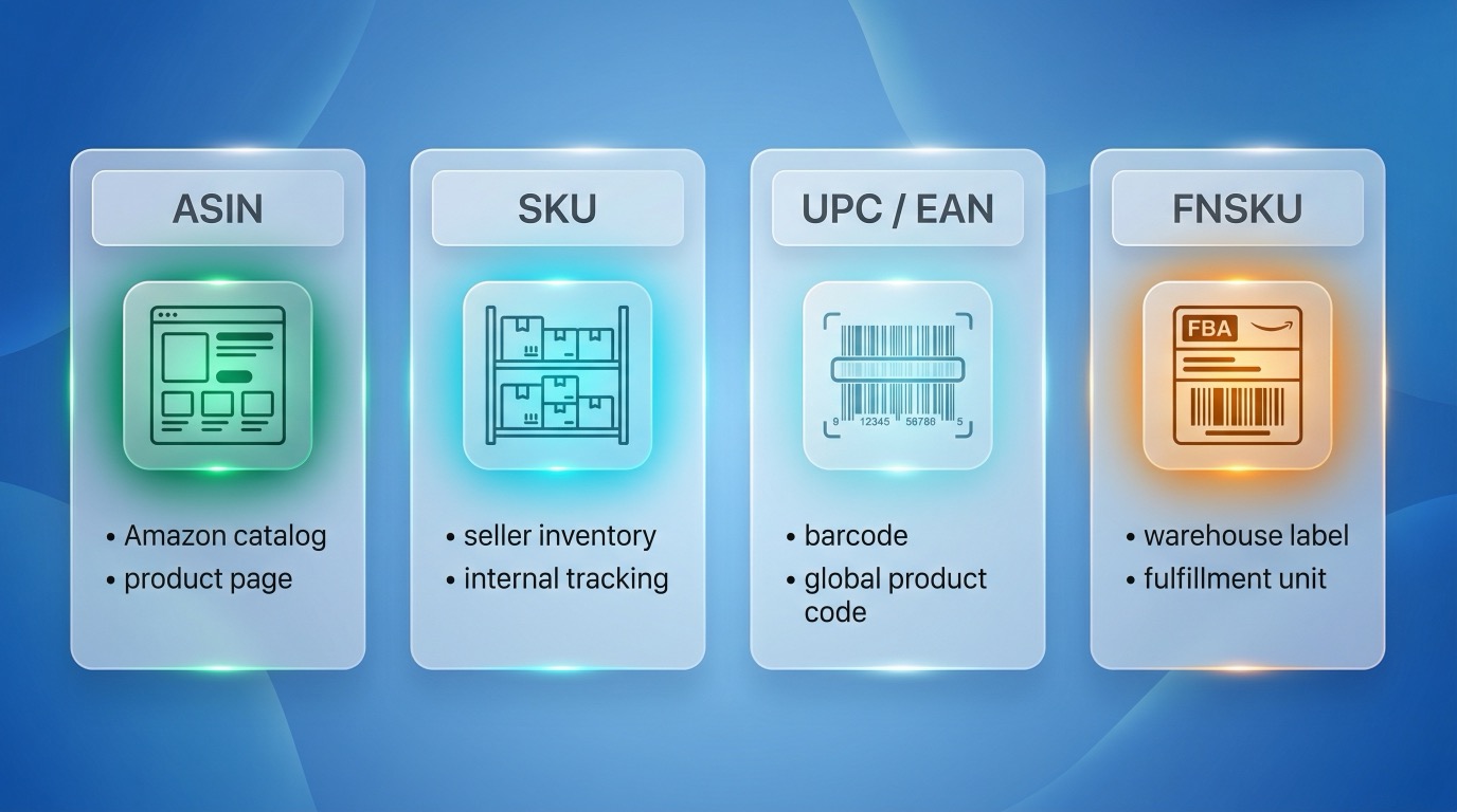 Comparison of ASIN, SKU, UPC, and FNSKU showing their roles in Amazon catalog, inventory, and product identification