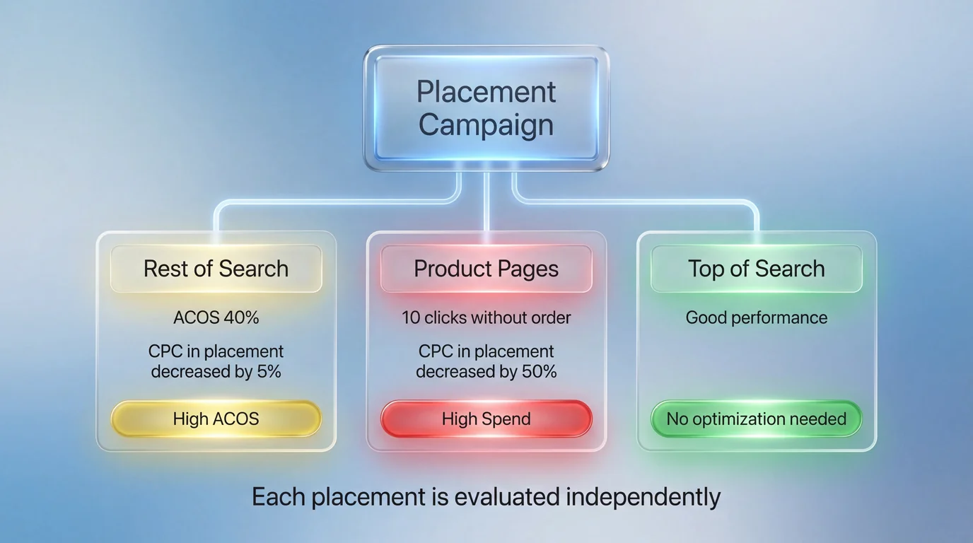 Placement-level ACOS comparison and bid adjustment logic reducing inefficient spend