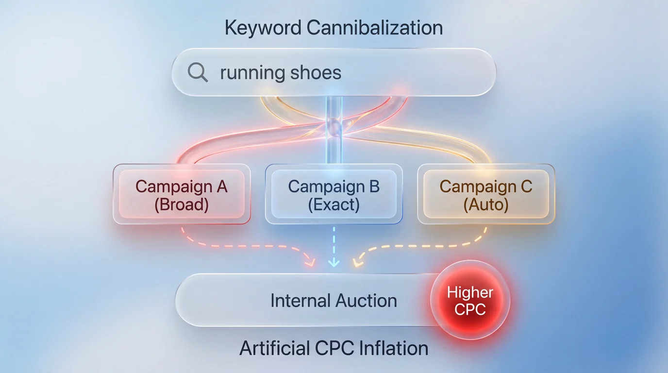 Diagram showing multiple Amazon PPC campaigns competing for the same keyword and causing internal bidding overlap