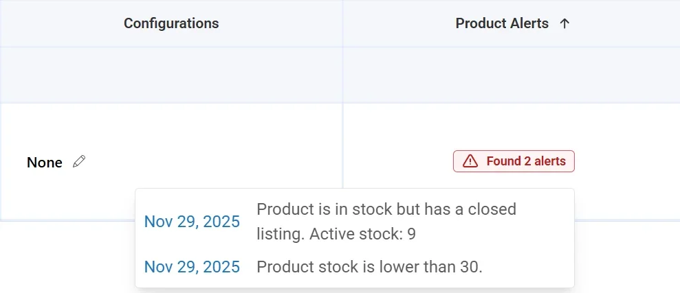 Product alert showing listing closed while inventory remains available