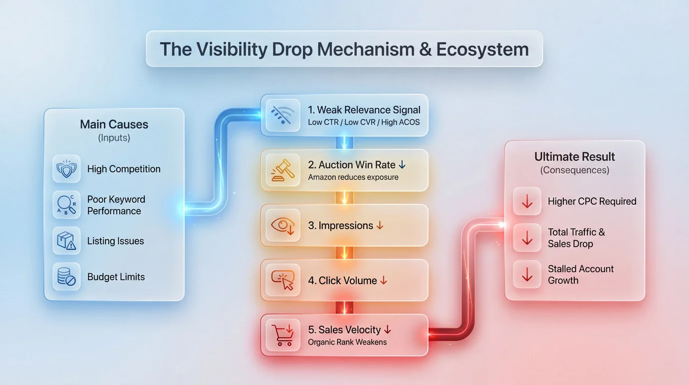 Visibility drop mechanism reducing impressions despite active advertising campaigns
