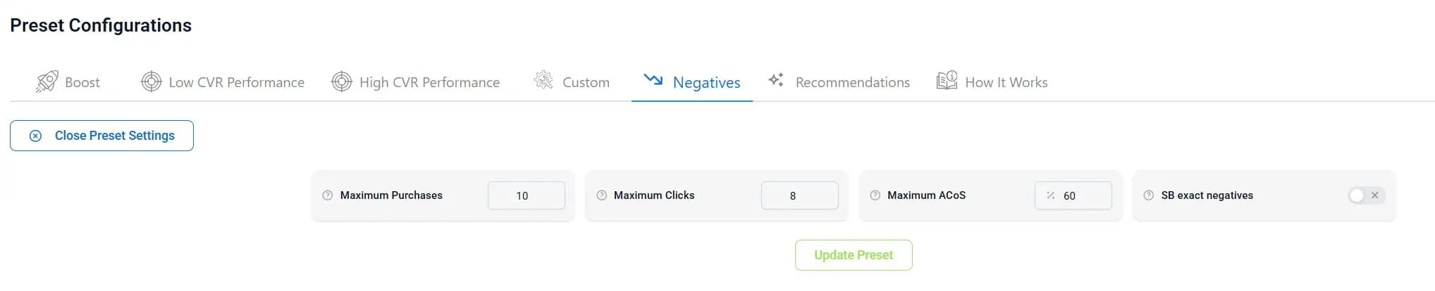 negative preset configuration